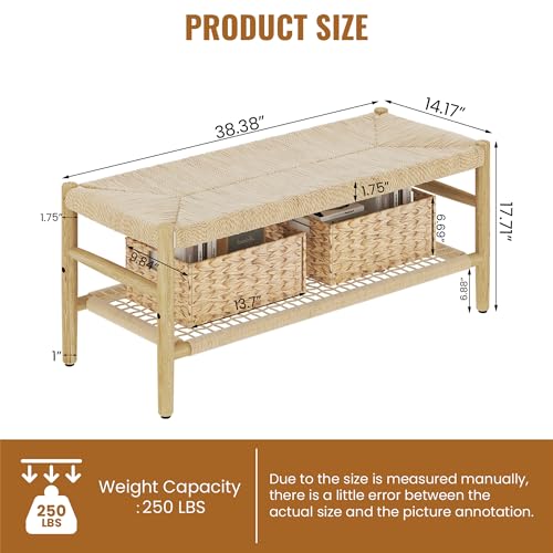 DKLGG Functional Indoor Entryway Bench - Paper Cord Seat and Grid Shelf for Stylish Organization