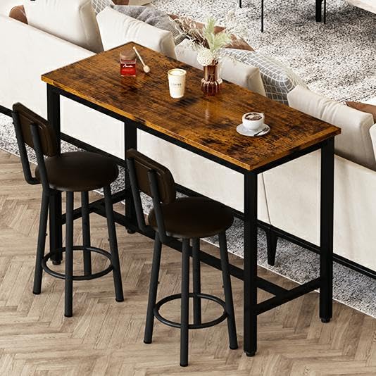 DKLGG Industrial style bar height table set of 3 pieces - brown and black with 2 PU leather chairs