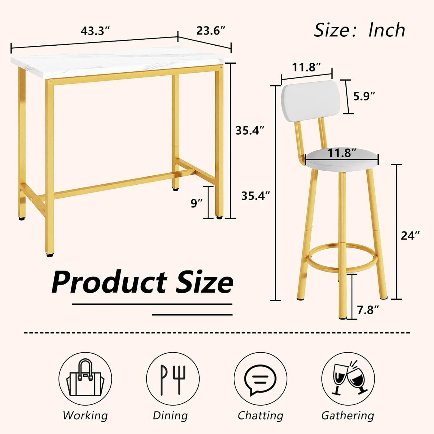 DKLGG 43.3” Rectangular Kitchen Bar Bistro Table Set, Gold - Modern Elegance