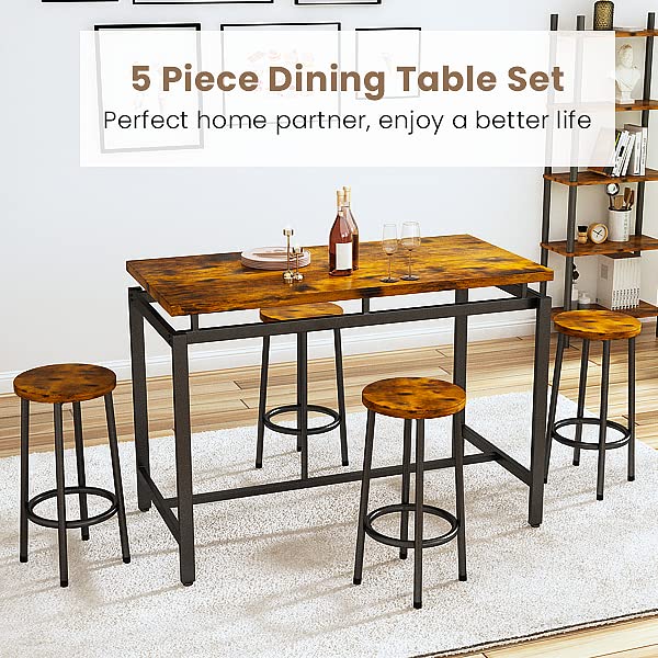 DKLGG 4-Person Wooden Barstool Dining Table and Chair Set of 5, Rustic Brown - Classic Elegance