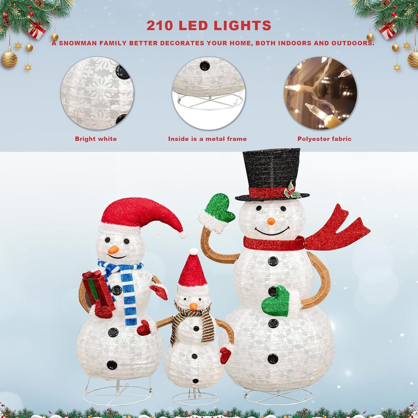 ๐ DKLGG Lighted Snowman Set | 3-Piece 2FT 3FT 4FT w/210 Lights | Christmas Decor