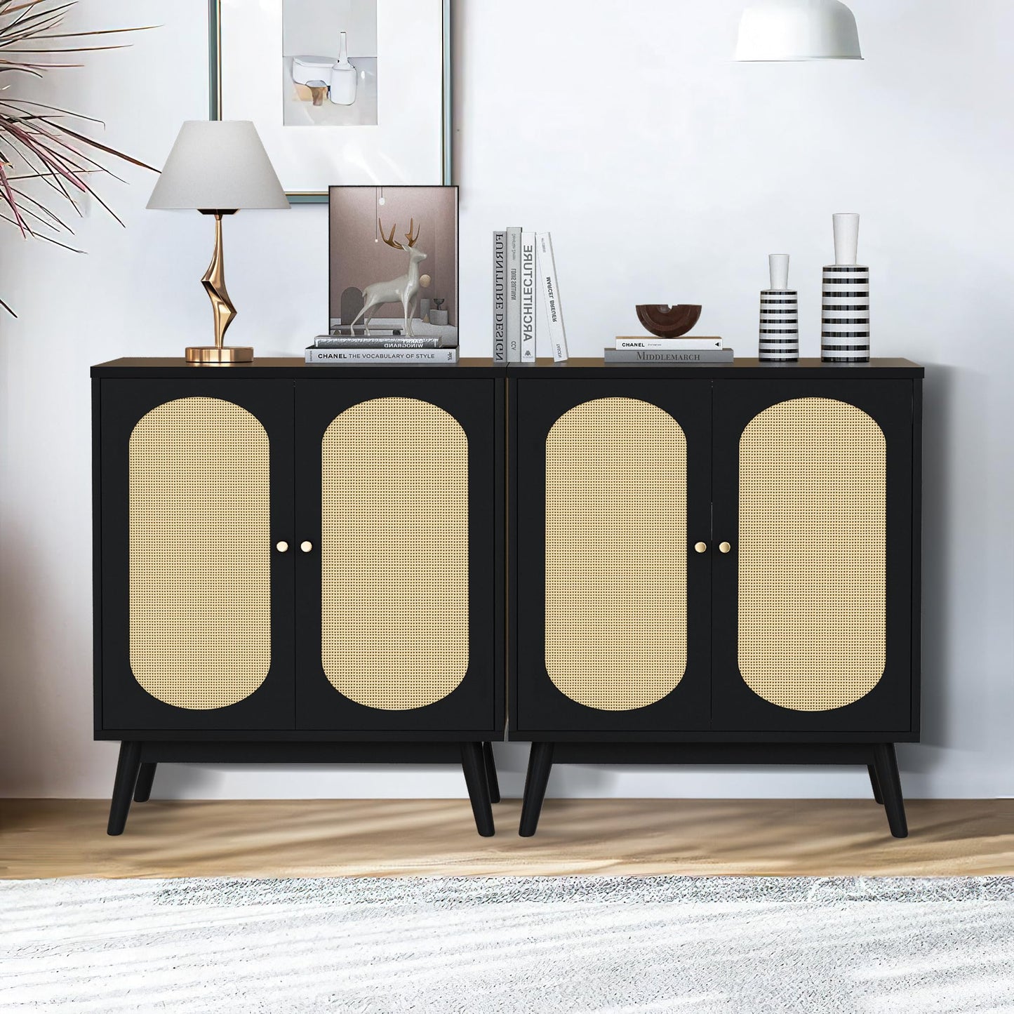 DKLGG Elegant Natural Rattan Cabinet Set - 2 White Cabinets for Versatile Home Storage
