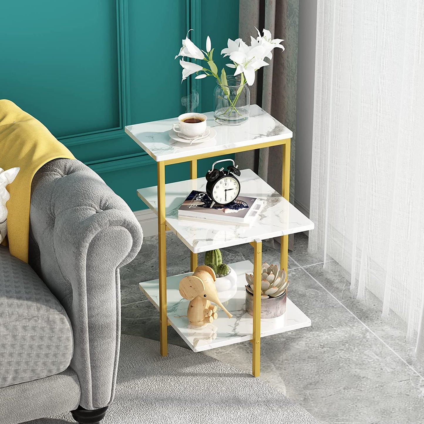 DKLGG White & Gold Marble Coffee Table Set of 2 - Perfect for Corner Spaces and Elegant Decor