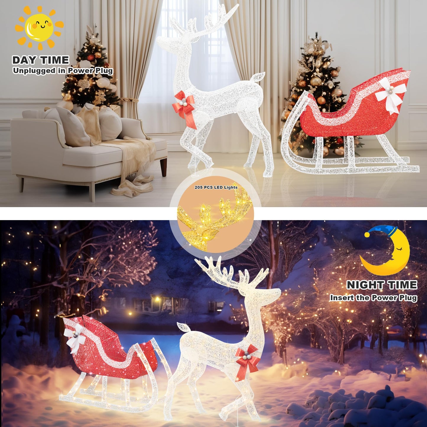 DKLGG 4FT LED Reindeer Sleigh - Lighted Outdoor Christmas Decoration, 215 Lights