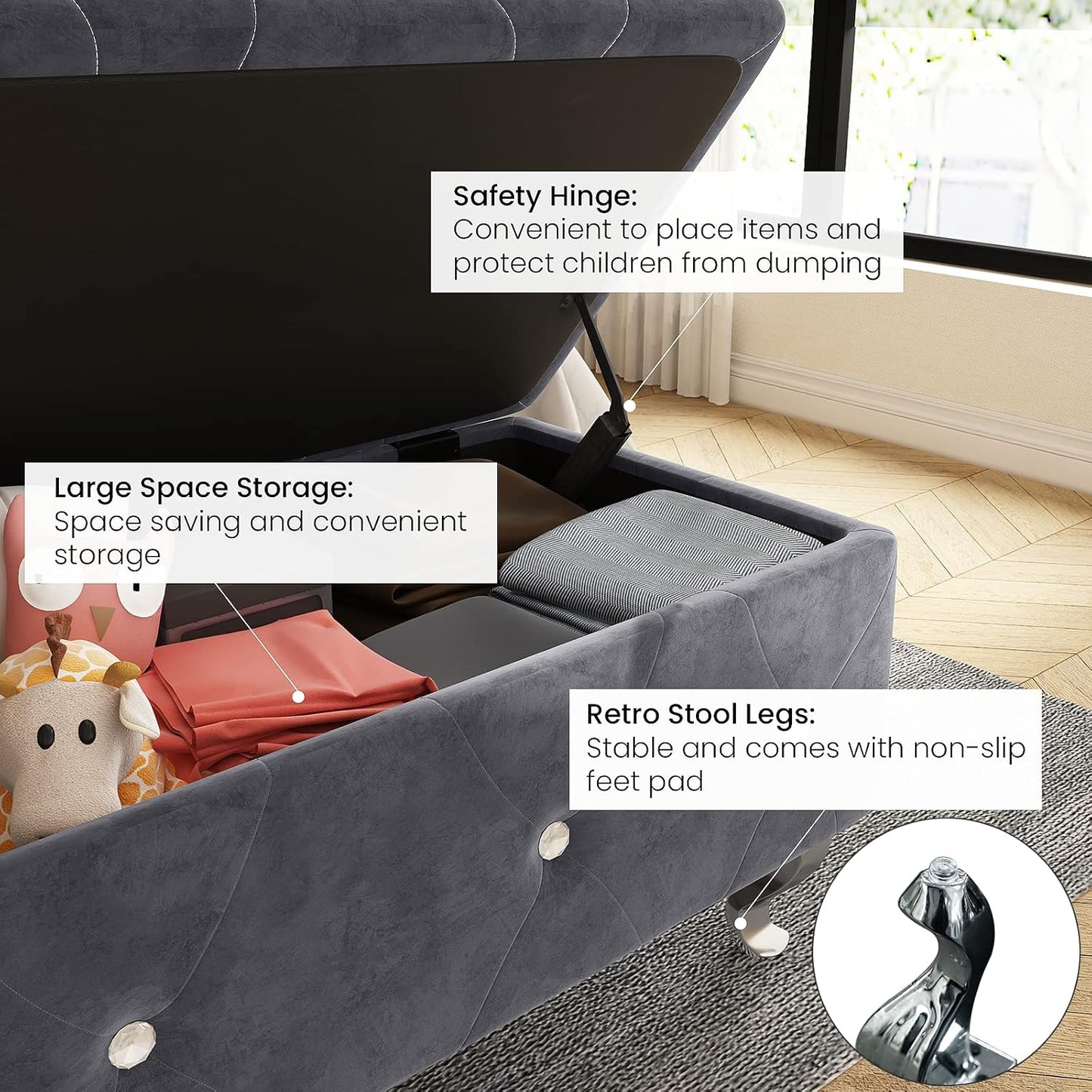 DKLGG Elegant Velvet Ottoman with Storage – Tufted Button Design