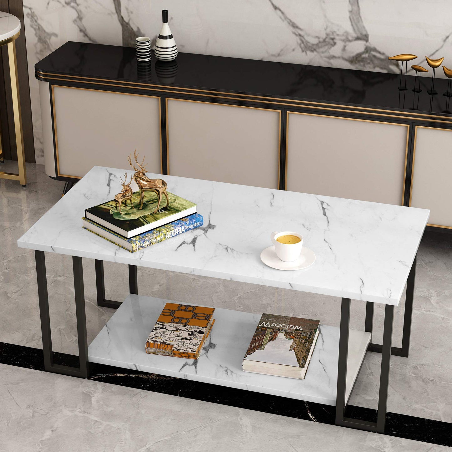 DKLGG Coffee Table - Black Base with Rectangular Marble Top for Modern Elegance