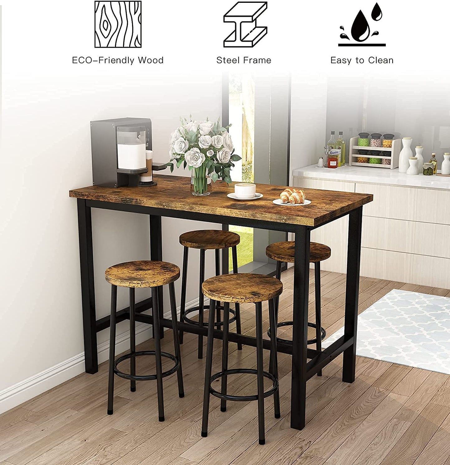 DKLGG Industrial Kitchen Dining Table and Chairs Set of 5 - Perfect for Modern Dining