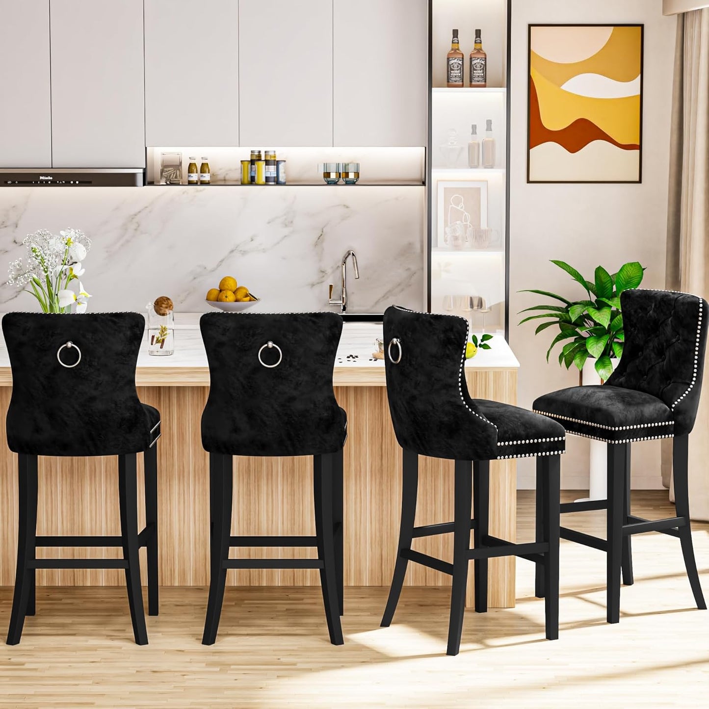 DKLGG Stylish Black 27-Inch Velvet Bar Stool Set of 4 – Perfect for Kitchen Islands