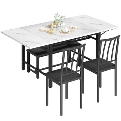 DKLGG 4-Piece Faux Marble Dining Set - Ideal for 3-6 People with Convenient Folding Table Leaf