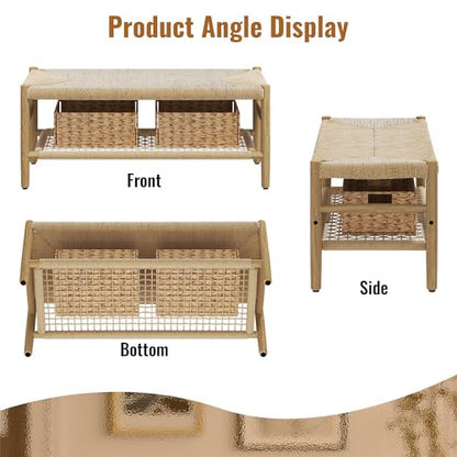 DKLGG Functional Indoor Entryway Bench - Paper Cord Seat and Grid Shelf for Stylish Organization