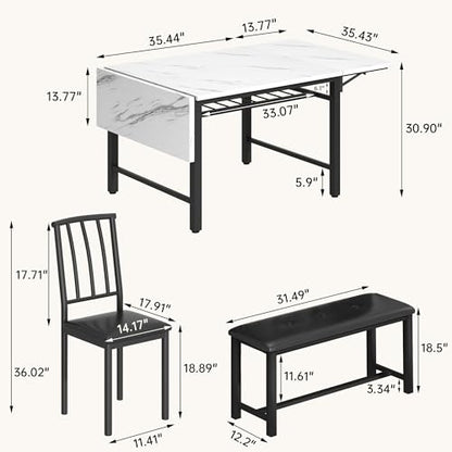 DKLGG 4-Piece Faux Marble Dining Set - Ideal for 3-6 People with Convenient Folding Table Leaf