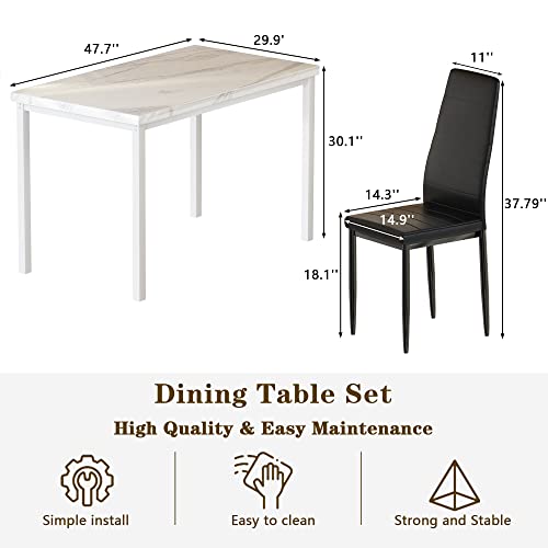 DKLGG Faux Marble Dining Set for 4 - 5-Piece Table and Leather Chairs in Elegant Khaki