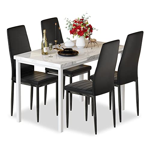 DKLGG Faux Marble Dining Set for 4 - 5-Piece Table and Leather Chairs in Elegant Khaki