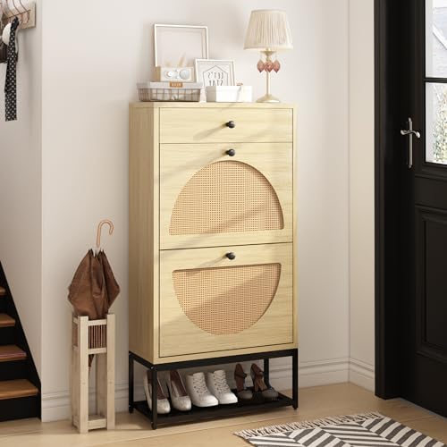 DKLGG Vertical Shoe Rack Set of 2, Entryway Organizer with 2 Natural Semi-circular Rattan Flip-out Drawers