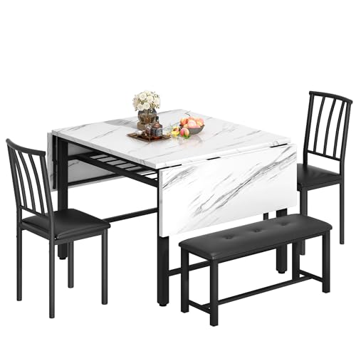 DKLGG 4-Piece Faux Marble Dining Set - Ideal for 3-6 People with Convenient Folding Table Leaf