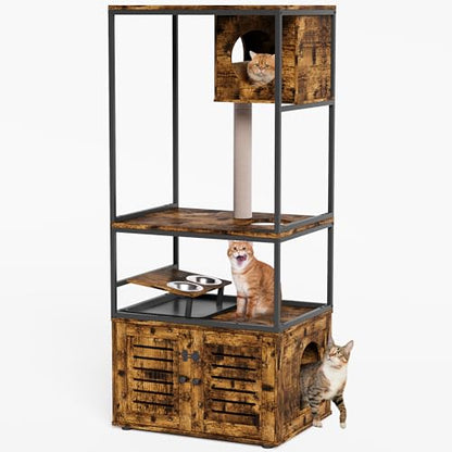 DKLGG Versatile Large Cat Tree - Rustic Brown with Scratching Post and Cat Food Pot for Happy Cats