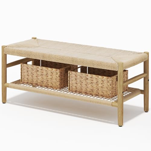 DKLGG Functional Indoor Entryway Bench - Paper Cord Seat and Grid Shelf for Stylish Organization