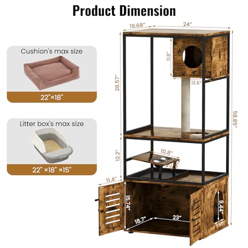 DKLGG Versatile Large Cat Tree - Rustic Brown with Scratching Post and Cat Food Pot for Happy Cats