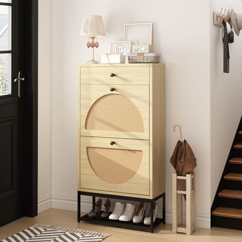 DKLGG Vertical Shoe Rack Set of 2, Entryway Organizer with 2 Natural Semi-circular Rattan Flip-out Drawers