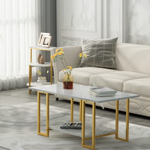 DKLGG Modern Coffee Table Set of 3 - Faux Marble Top with Sturdy Metal Frame for Versatile Use