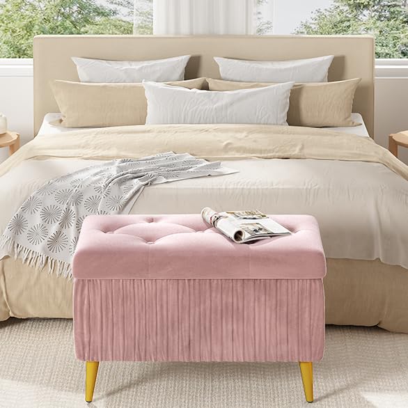 DKLGG Stylish Large Storage Ottoman - 47.24” Velvet Design in Gold and Pink for Your Home