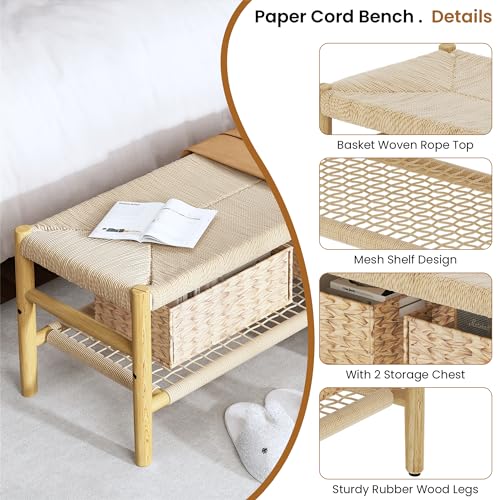 DKLGG Functional Indoor Entryway Bench - Paper Cord Seat and Grid Shelf for Stylish Organization