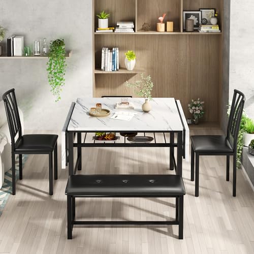 DKLGG 4-Piece Faux Marble Dining Set - Ideal for 3-6 People with Convenient Folding Table Leaf