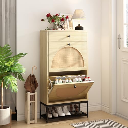 DKLGG Vertical Shoe Rack Set of 2, Entryway Organizer with 2 Natural Semi-circular Rattan Flip-out Drawers