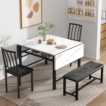 DKLGG 4-Piece Faux Marble Dining Set - Ideal for 3-6 People with Convenient Folding Table Leaf