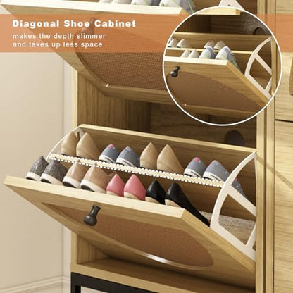 DKLGG Vertical Shoe Rack Set of 2, Entryway Organizer with 2 Natural Semi-circular Rattan Flip-out Drawers