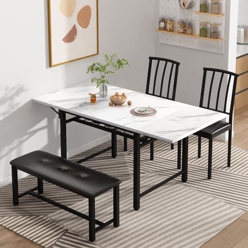 DKLGG 4-Piece Faux Marble Dining Set - Ideal for 3-6 People with Convenient Folding Table Leaf