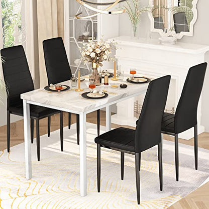 DKLGG Faux Marble Dining Set for 4 - 5-Piece Table and Leather Chairs in Elegant Khaki