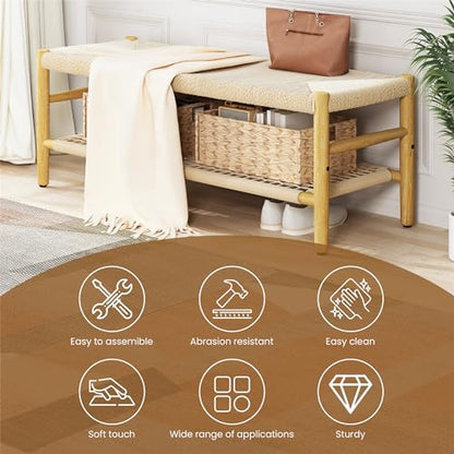 DKLGG Functional Indoor Entryway Bench - Paper Cord Seat and Grid Shelf for Stylish Organization