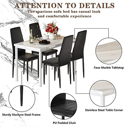 DKLGG Faux Marble Dining Set for 4 - 5-Piece Table and Leather Chairs in Elegant Khaki