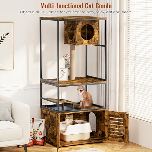 DKLGG Versatile Large Cat Tree - Rustic Brown with Scratching Post and Cat Food Pot for Happy Cats