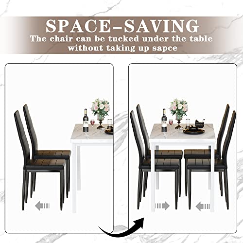 DKLGG Faux Marble Dining Set for 4 - 5-Piece Table and Leather Chairs in Elegant Khaki