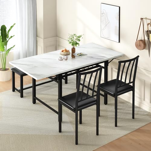 DKLGG 4-Piece Faux Marble Dining Set - Ideal for 3-6 People with Convenient Folding Table Leaf