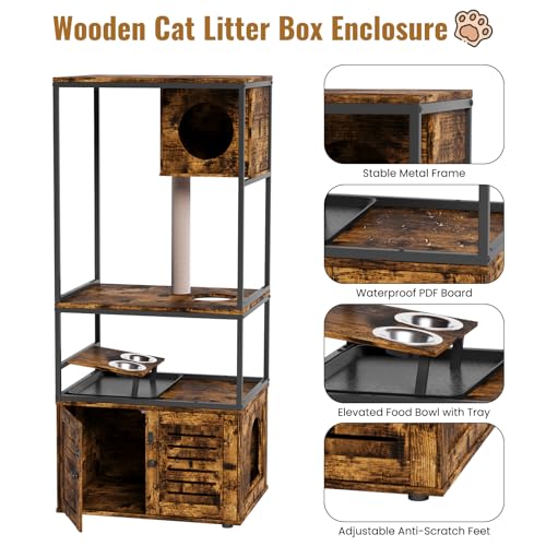 DKLGG Versatile Large Cat Tree - Rustic Brown with Scratching Post and Cat Food Pot for Happy Cats