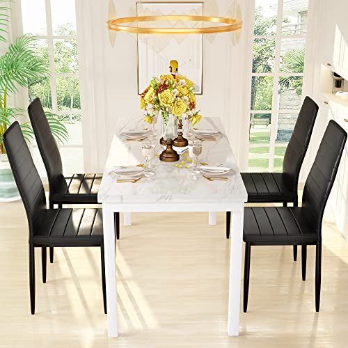 DKLGG Faux Marble Dining Set for 4 - 5-Piece Table and Leather Chairs in Elegant Khaki