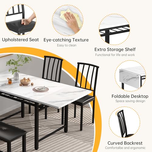 DKLGG 4-Piece Faux Marble Dining Set - Ideal for 3-6 People with Convenient Folding Table Leaf