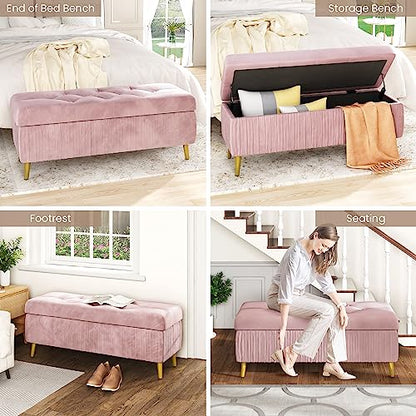 DKLGG Stylish Large Storage Ottoman - 47.24” Velvet Design in Gold and Pink for Your Home