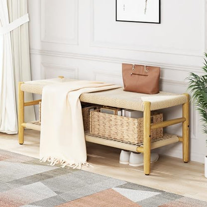 DKLGG Functional Indoor Entryway Bench - Paper Cord Seat and Grid Shelf for Stylish Organization