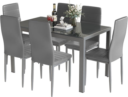 DKLGG, 7-Piece Kitchen Table for 6, Modern Dining Room Set for Small Spaces, Gray