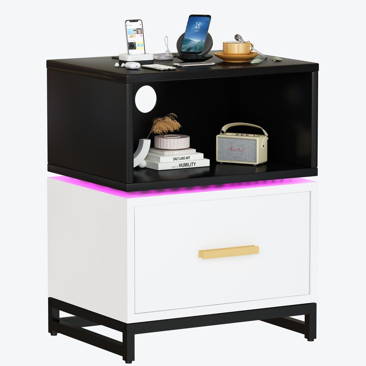 DKLGG Elegant Black Nightstand - Functional Bedroom Drawer Dresser for Storage