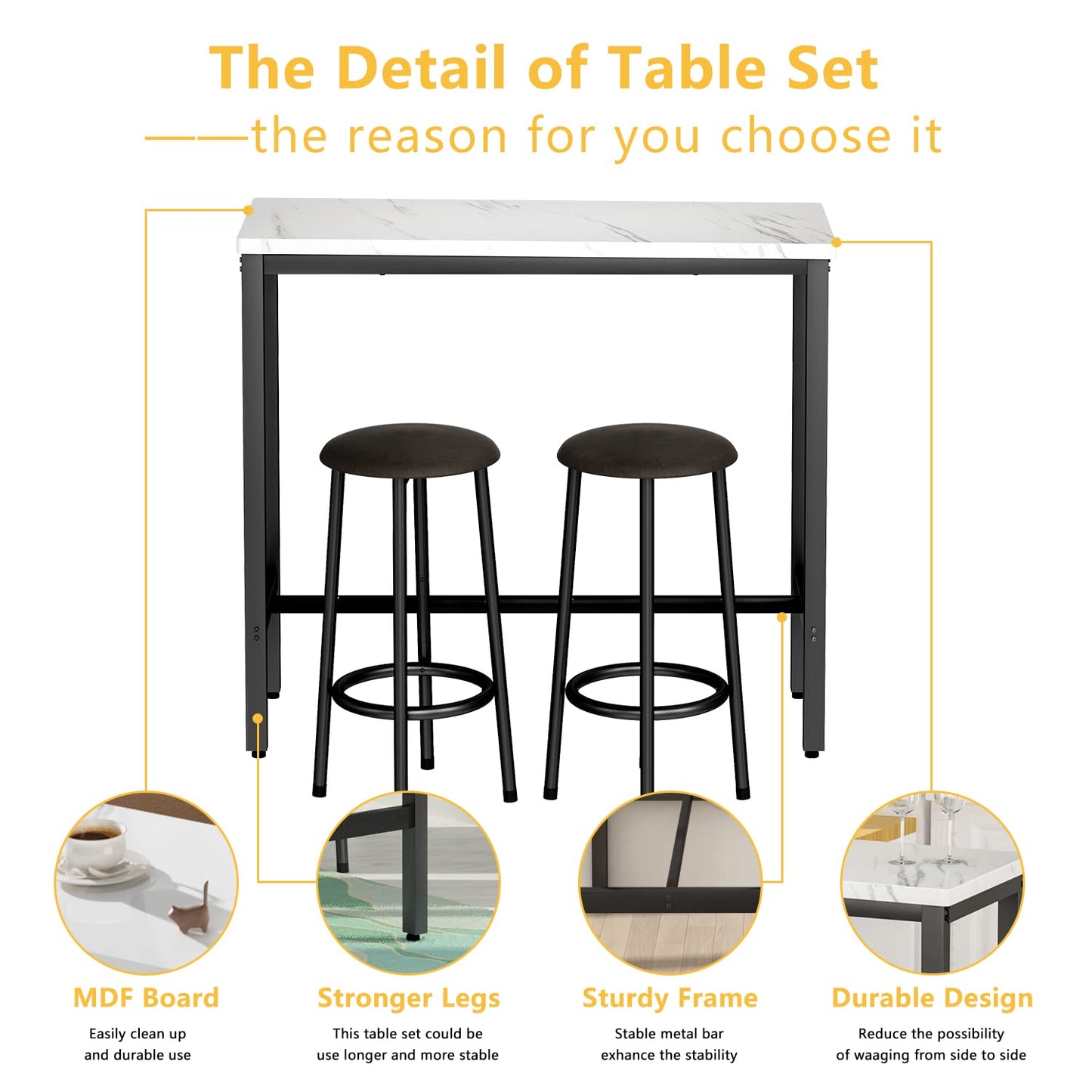 DKLGG Versatile 3-Piece Kitchen Table Set - White Faux Marble Top and Matching Stools for Modern Spaces