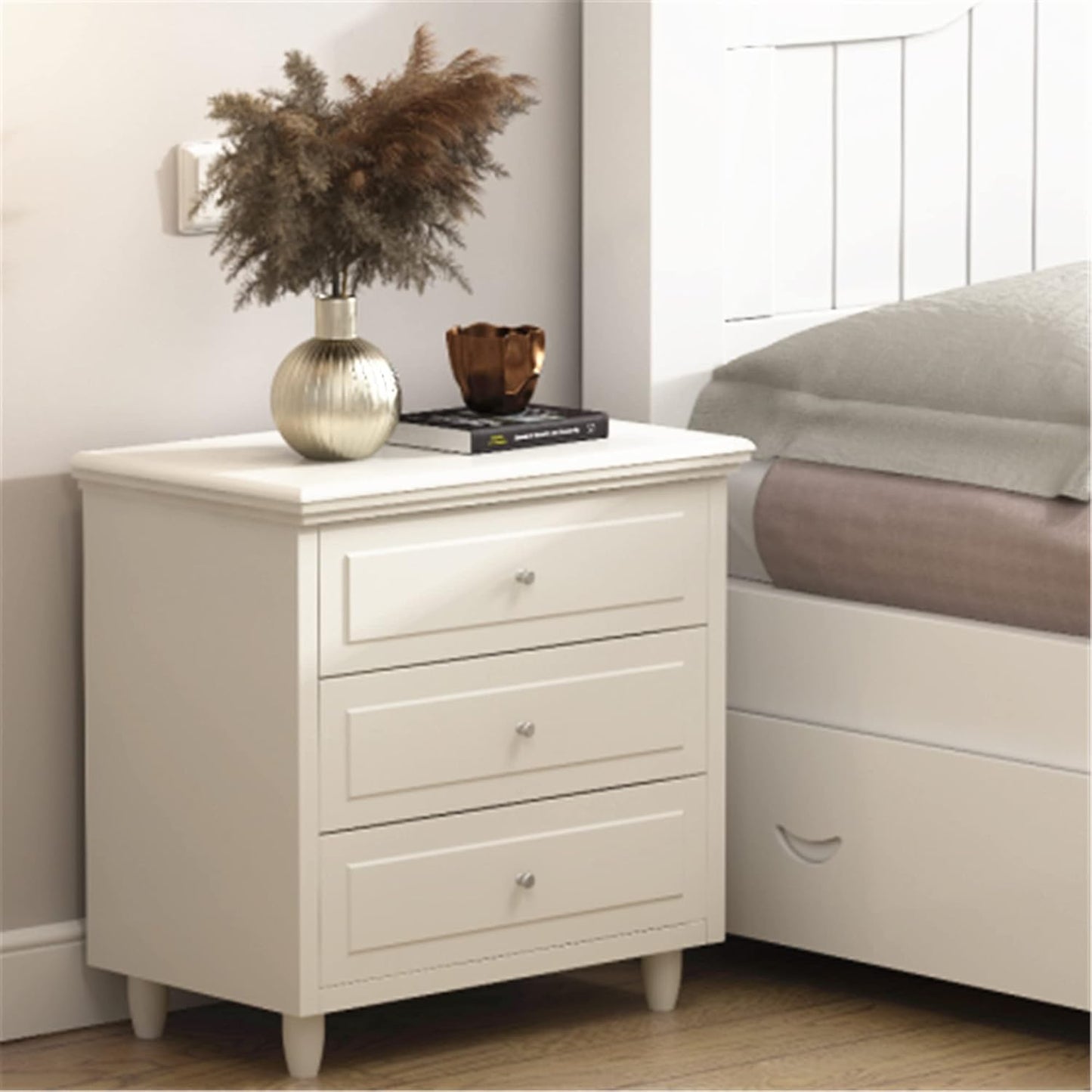 DKLGG White 3-Drawer Nightstand – Stylish Bedroom End Table with Storage