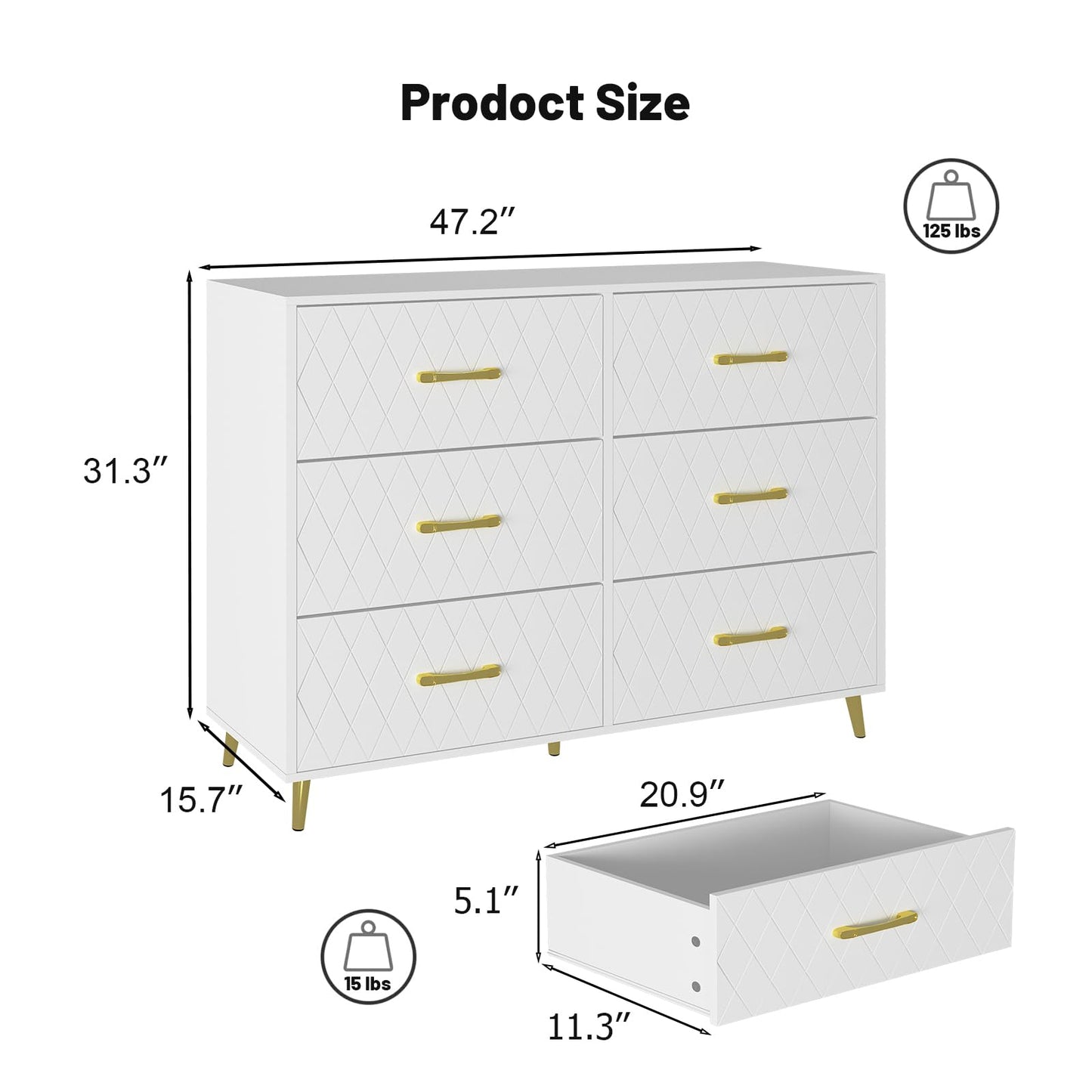 DKLGG 6 Drawer Dresser, White Dresser for Bedroom - Modern Minimalist Design