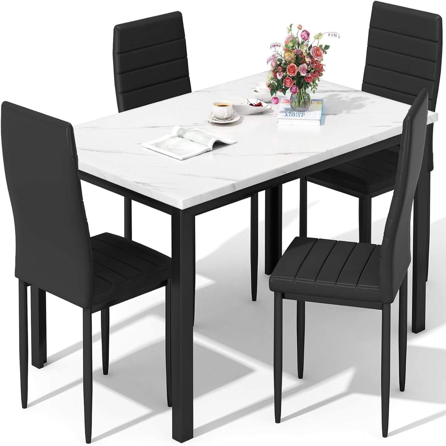 DKLGG4 Faux Marble Dining Table Set of 4, (White and Black)