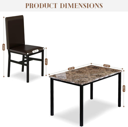 DKLGG Stylish 5-Piece Dining Set for 4 – Faux Marble Table and Rich Brown Chairs