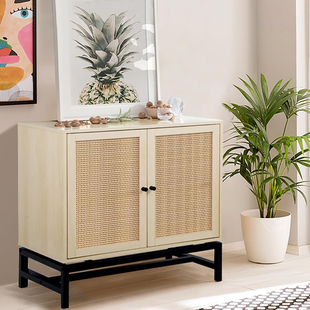 DKLGG Elegant Sideboard with Double Doors - Natural Rattan for a Cozy Kitchen Look